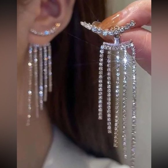 Silver Rhinestone Elegant Tassel Drop Earrings For Wedding Party Gift Women - Picture 5 of 5